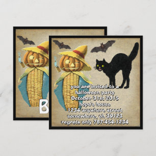 Pumpkin Head Black Cat Bats Halloween Party Invite