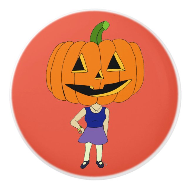 pumpkin head chibi girl    ceramic knob (Front)
