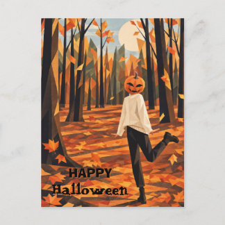 Pumpkin Head in Autumn Forest Halloween Postcard
