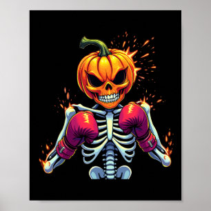 Pumpkin Head Skeleton Boxing Halloween Spooky Figh Poster