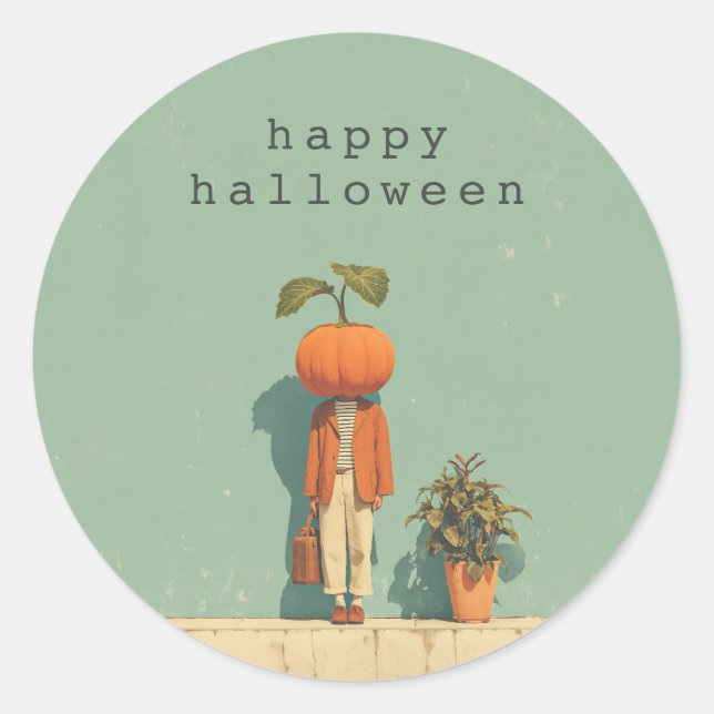 Pumpkin Head Surreal Portrait Classic Round Sticker (Front)
