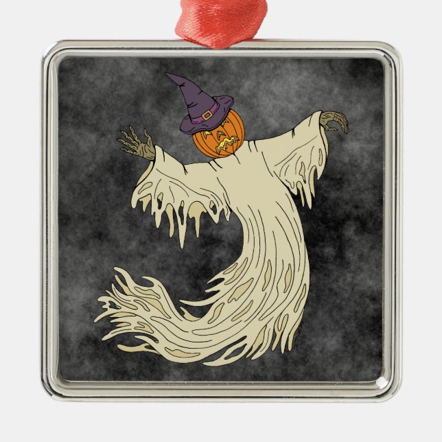 Pumpkin-Headed Ghost Halloween Art Metal Tree Decoration (Front)