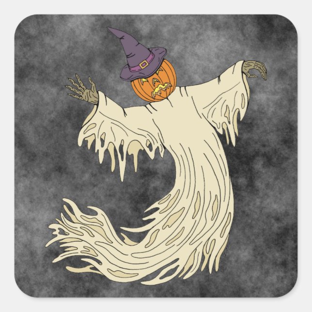 Pumpkin-Headed Ghost Halloween Art Square Sticker (Front)