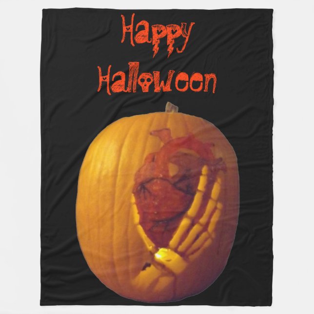 Pumpkin, Heart in Skeleton Hand Fleece Blanket (Front)