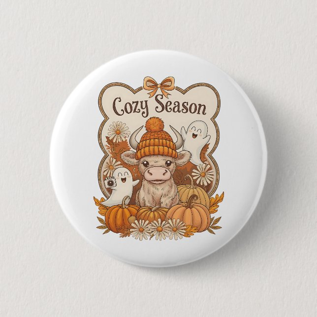 Pumpkin-highland Cow Ghost Halloween 6 Cm Round Badge (Front)