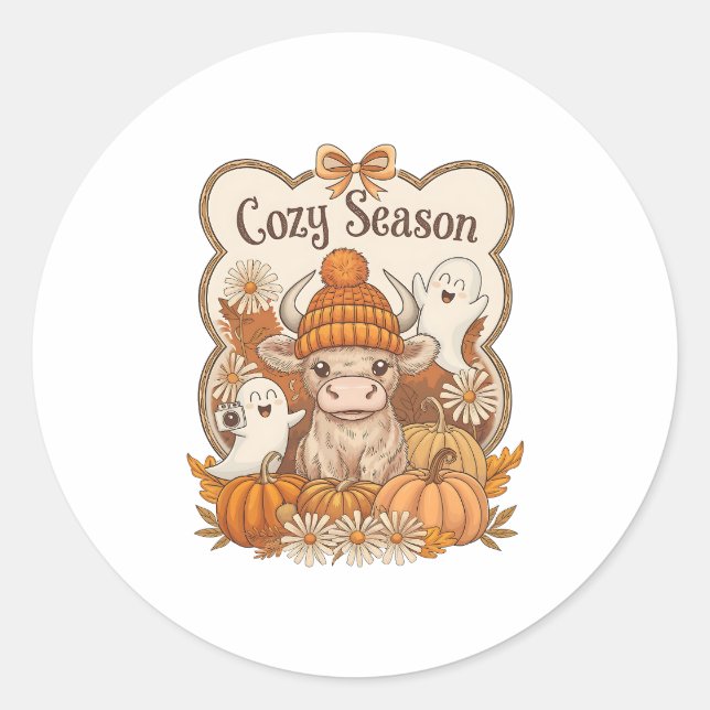 Pumpkin-highland Cow Ghost Halloween Classic Round Sticker (Front)