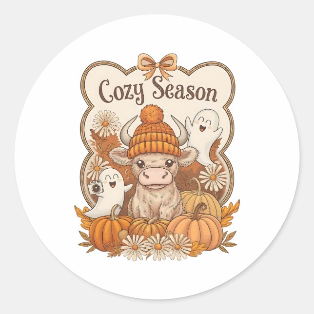 Pumpkin-highland Cow Ghost Halloween Classic Round Sticker (Front)