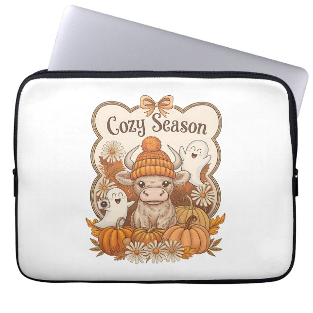 Pumpkin-highland Cow Ghost Halloween Laptop Sleeve (Front)
