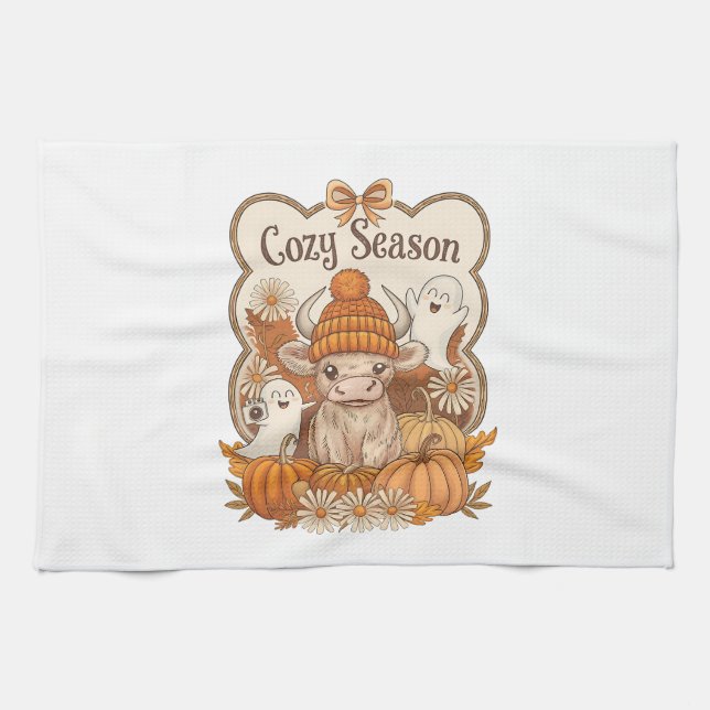 Pumpkin-highland Cow Ghost Halloween Tea Towel (Horizontal)