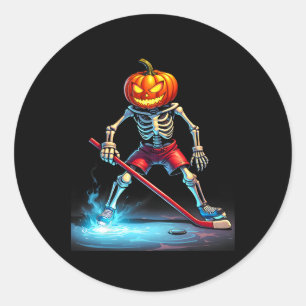 Pumpkin Hockey Skeleton Ice Hockey Halloween  Classic Round Sticker