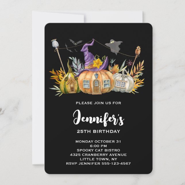 Pumpkin House with Ghost & Bats Birthday Invitation (Front)