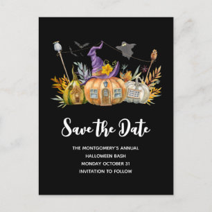 Pumpkin House with Ghost & Bats Halloween Invitation Postcard