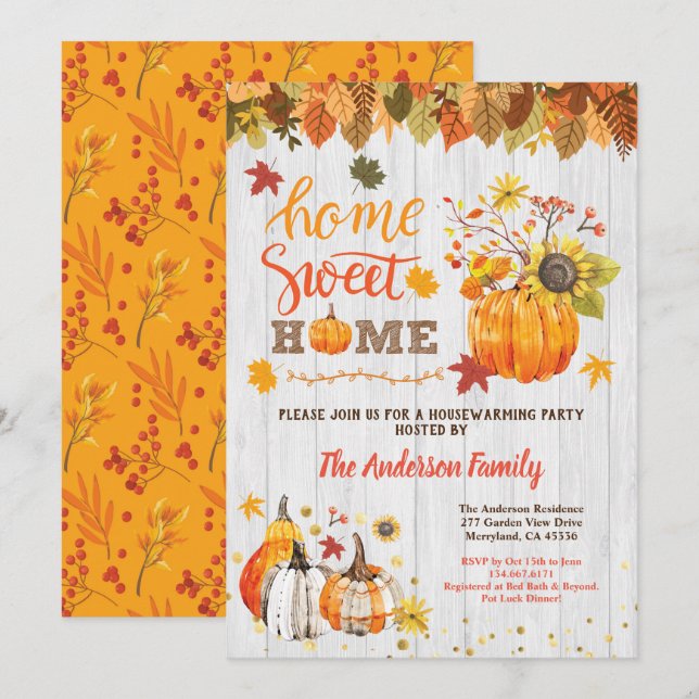 Pumpkin housewarming party rustic wood fall invitation (Front/Back)