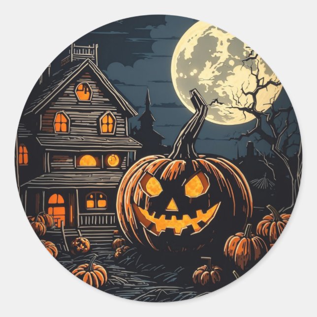 pumpkin in Halloween village Classic Round Sticker (Front)