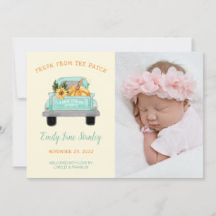 Pumpkin In Vintage Truck Fall Photo Baby Birth Announcement