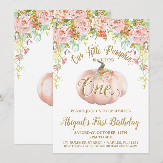 Pumpkin Invitation, Pumpkin First Birthday Invitation (Front/Back)