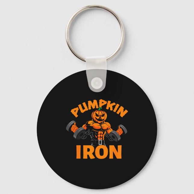 Pumpkin Iron Halloween Gym Workout Lifting Pun Fun Key Ring (Front)