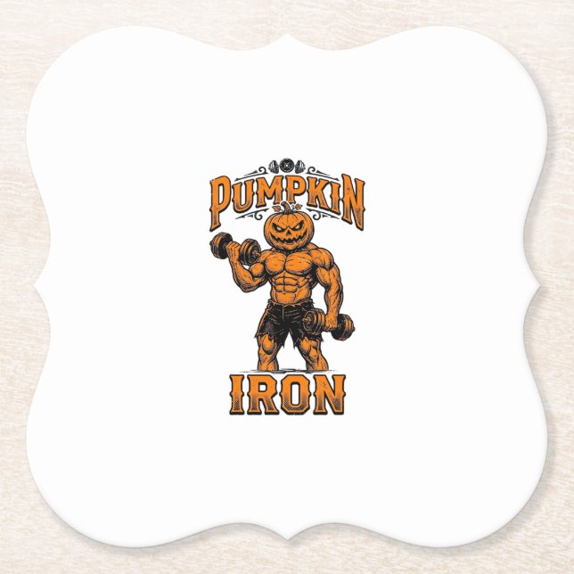 Pumpkin Iron Vintage Bodybuilder Halloween Design_ Paper Coaster (Front)