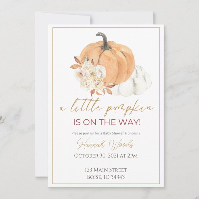 Pumpkin is on the way floral baby shower invitation (Front)