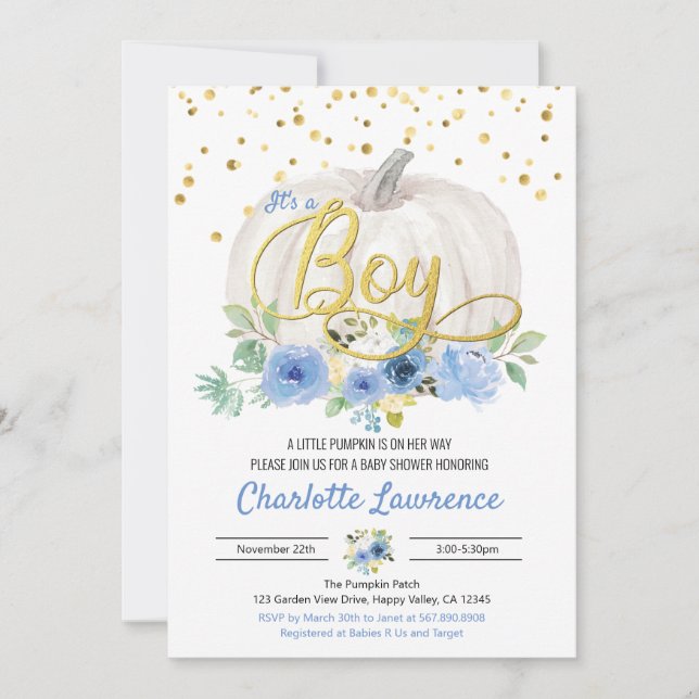 Pumpkin It's a Boy Baby Shower Blue Invitation (Front)