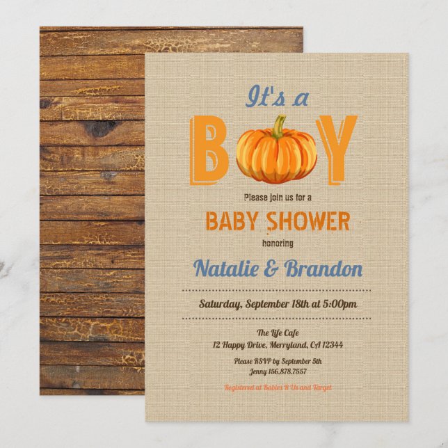 Pumpkin it's a boy baby shower invitation burlap (Front/Back)