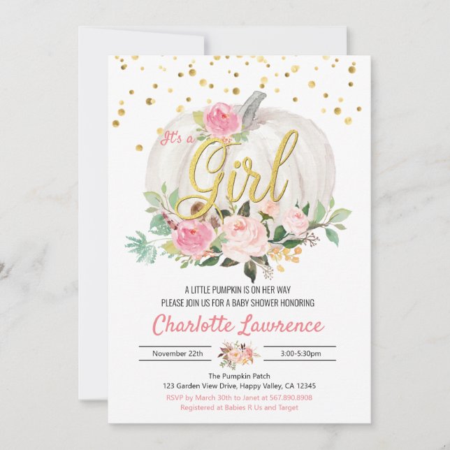 Pumpkin It's a Girl Baby Shower Pink Invitation (Front)