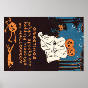 Pumpkin Jack O' Lantern Ghost Black Cat Tree Poster