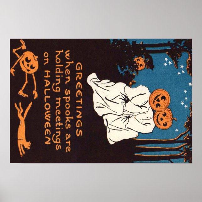 Pumpkin Jack O' Lantern Ghost Black Cat Tree Poster (Front)