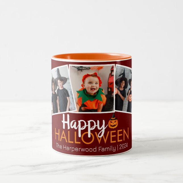 pumpkin jack-o-lantern Halloween Family 3 Photo Two-Tone Coffee Mug (Center)