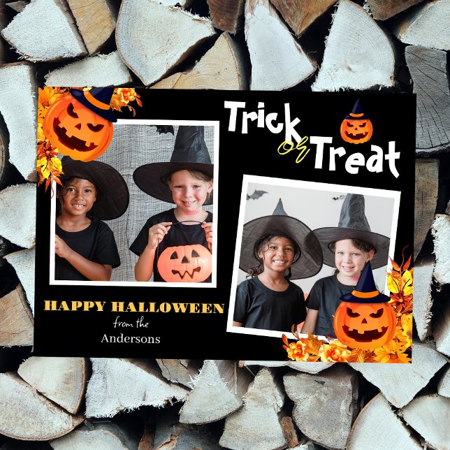 pumpkin jack-o-lantern Halloween Family Two Photo Holiday Card (Creator Uploaded)