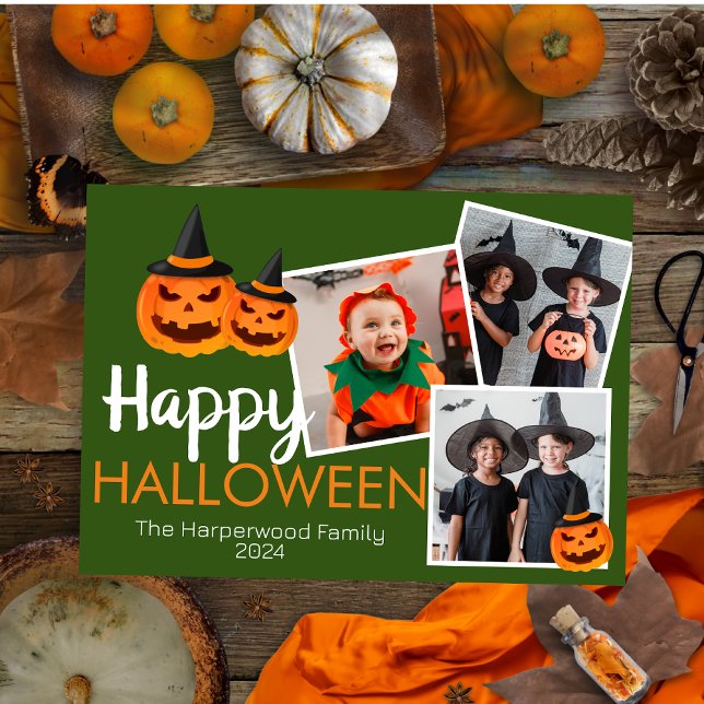 pumpkin jack-o-lantern Happy Halloween 3 Photo Holiday Card (Creator Uploaded)