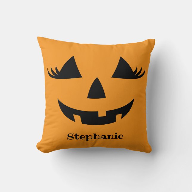 Pumpkin Jack O Lantern Lashes With First Name Cushion (Front)