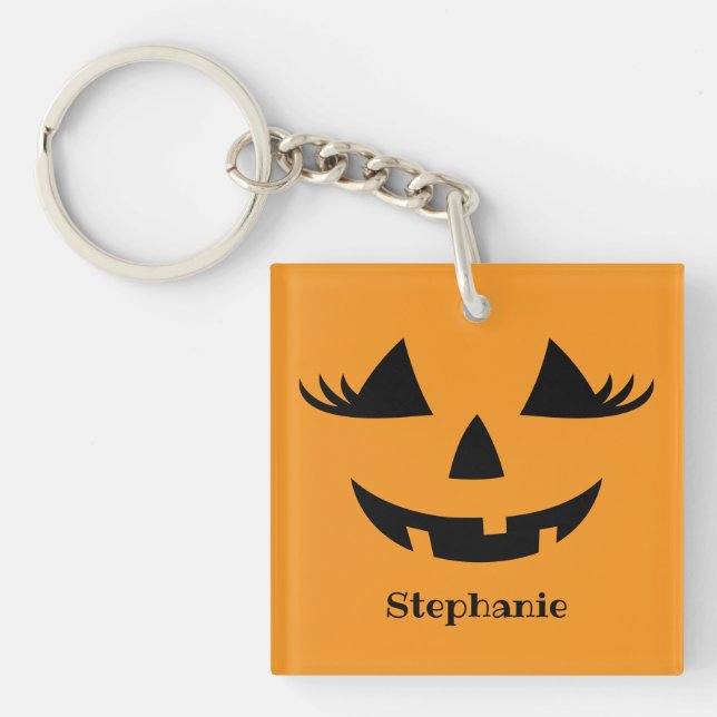 Pumpkin Jack O Lantern Lashes With First Name Key Ring (Front)