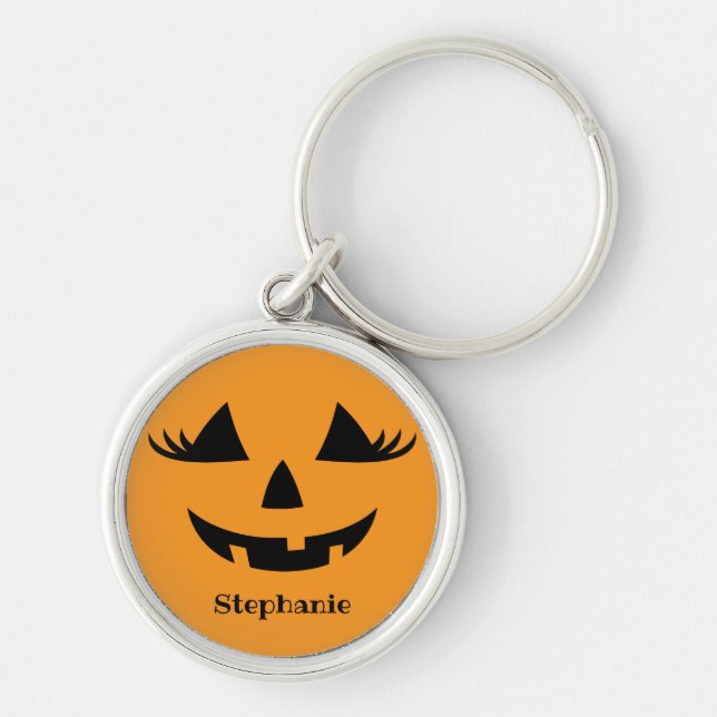 Pumpkin Jack O Lantern Lashes With First Name Key Ring (Front)