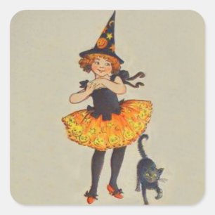 Pumpkin Jack O Lantern Witch Black Cat Square Sticker