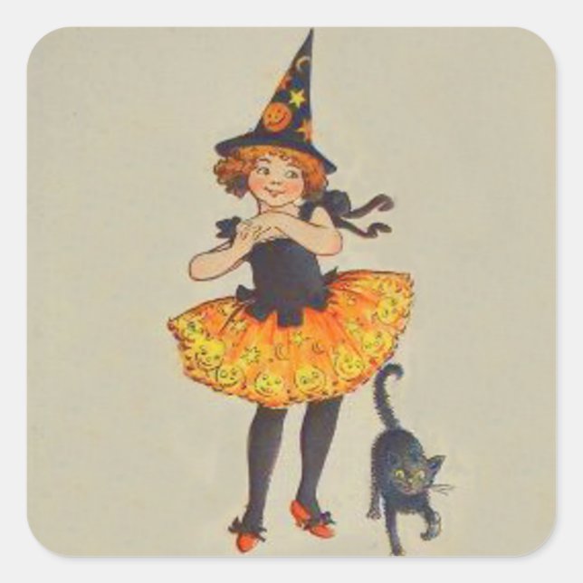 Pumpkin Jack O Lantern Witch Black Cat Square Sticker (Front)