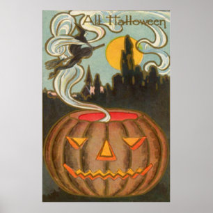 Pumpkin Jack O Lantern Witch Full Moon Poster