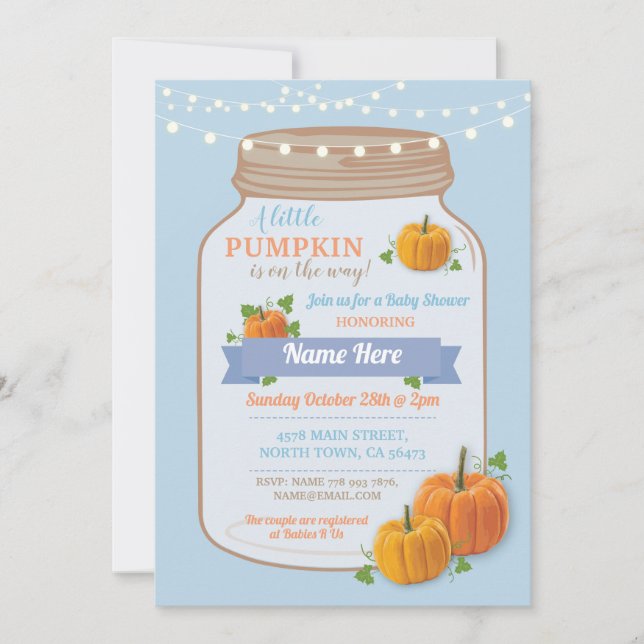 Pumpkin Jar Fall Blue Boy Baby Shower Invite (Front)
