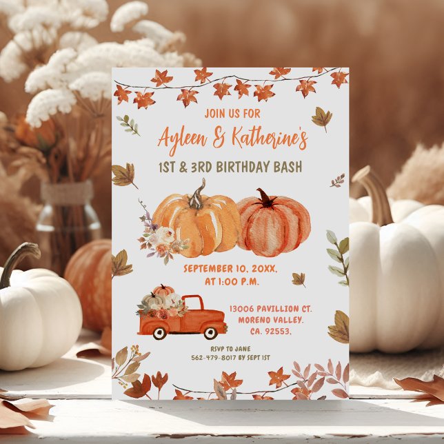 Pumpkin Joint Birthday Siblings Autumn Party  Invitation (Creator Uploaded)