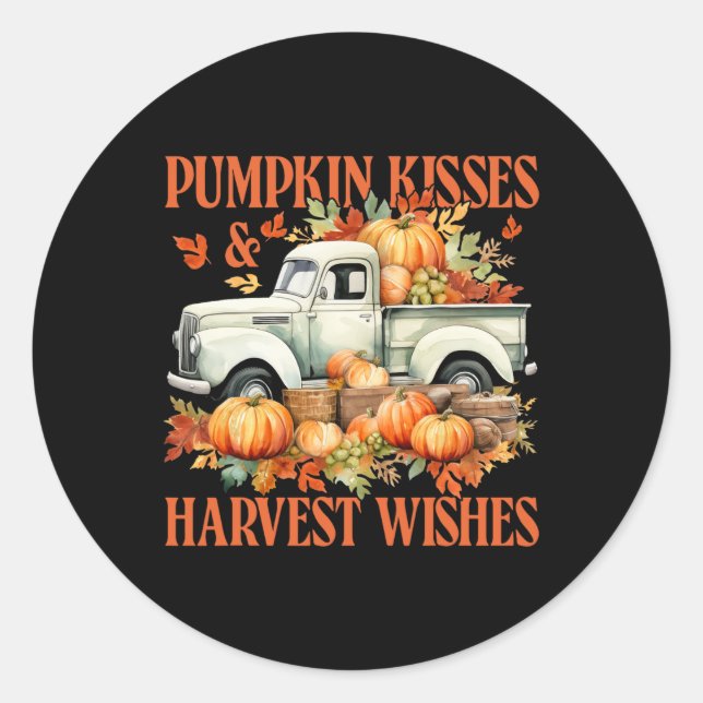 Pumpkin Kisses And Harvest Wishes Farm Truck Thank Classic Round Sticker (Front)