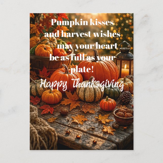Pumpkin Kisses and Harvest Wishes Holiday Postcard (Front)