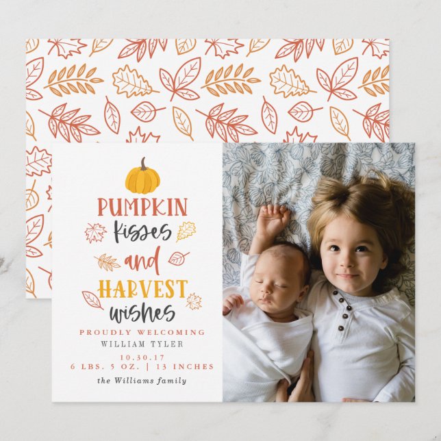 Pumpkin Kisses & Harvest Wishes Birth Announcement (Front/Back)