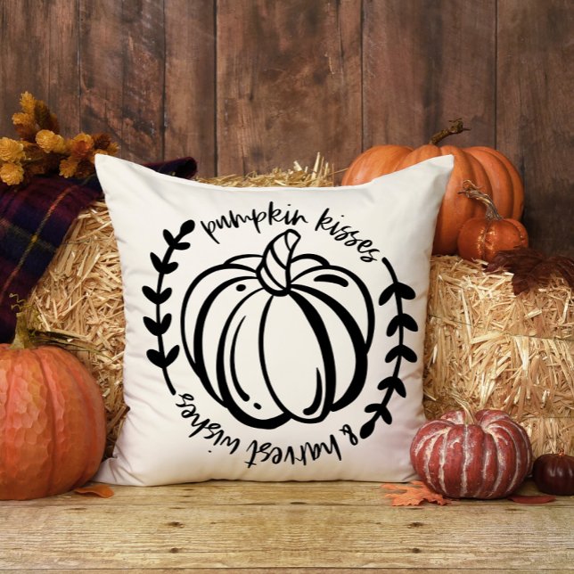 Pumpkin Kisses Harvest Wishes Black Plaid Cushion (Creator Uploaded)
