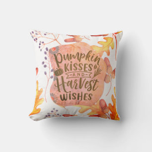 Pumpkin Kisses Harvest Wishes Fall Autumn Leaves Cushion