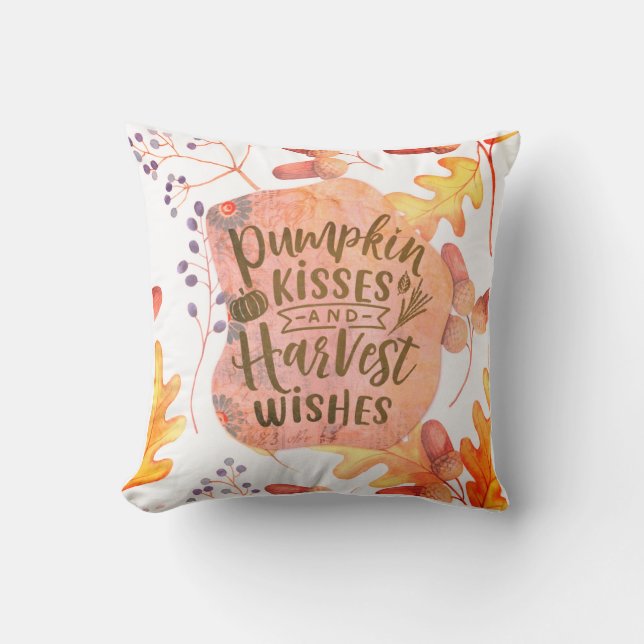 Pumpkin Kisses Harvest Wishes Fall Autumn Leaves Cushion (Front)