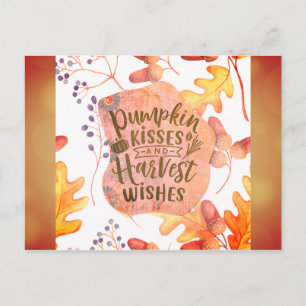 Pumpkin Kisses Harvest Wishes Fall Autumn Leaves Postcard
