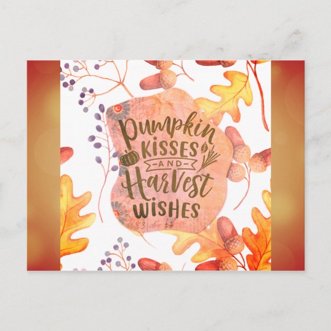 Pumpkin Kisses Harvest Wishes Fall Autumn Leaves Postcard (Front)