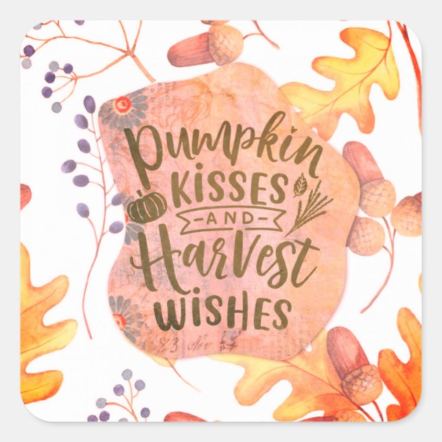 Pumpkin Kisses Harvest Wishes Fall Autumn Leaves Square Sticker (Front)