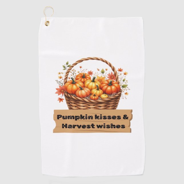 Pumpkin Kisses & Harvest Wishes Fall Design Oversi Golf Towel (Front)