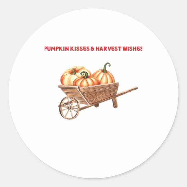 Pumpkin Kisses & Harvest Wishes Oversized T-Shirt. Classic Round Sticker (Front)